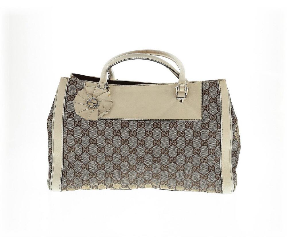 Authentic GUCCI Logo GG Pattern Trophy Tote Bag Canvas Leather Creamy White EUC